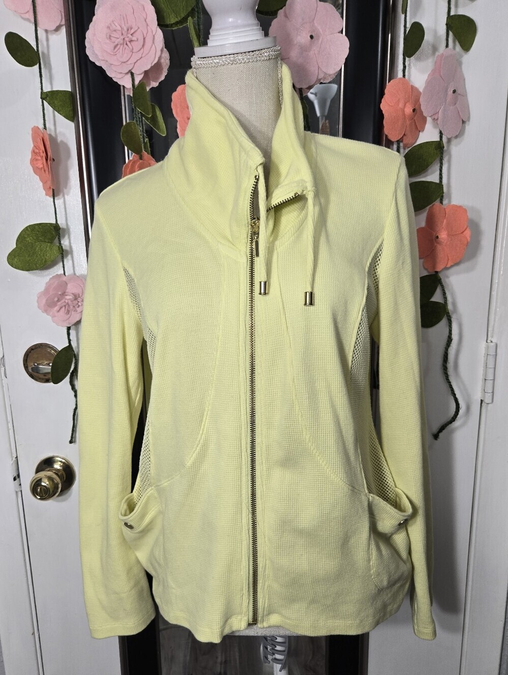 Zenergy By Chico's Sweater Jacket Size 0 Yellow Zip Cotton Blend Mesh